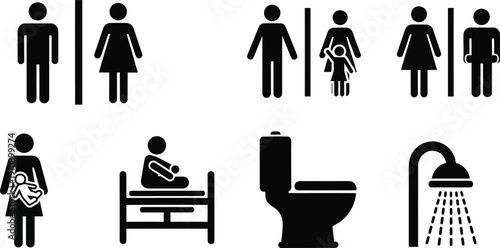 Public Restroom Symbols: Universal restroom symbols indicating the availability of facilities for people, parents with children, pregnant women, and baby changing areas.
