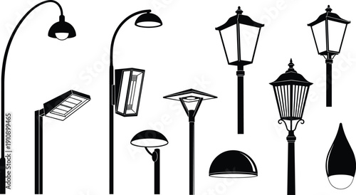 Street lamp collection vector illustration set modern classic outdoor lighting lantern post urban city light silhouettes isolated