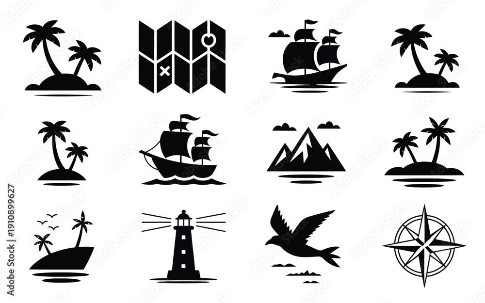 Obraz premium Nautical voyage icons with palm trees ships lighthouses and navigation symbols