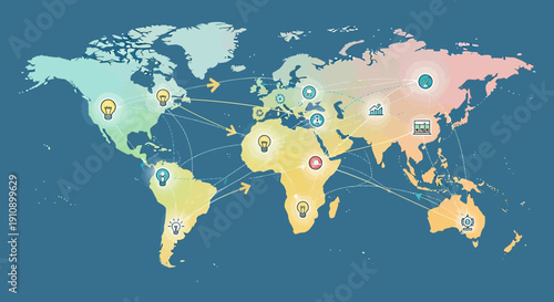 Global connections and business network around world map