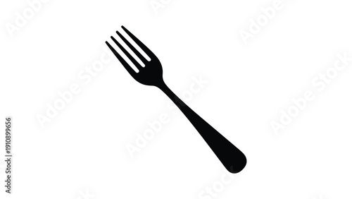 Black silhouette of a four-pronged fork angled right, minimalist utensil icon representing dining, food, kitchenware, and restaurant concepts