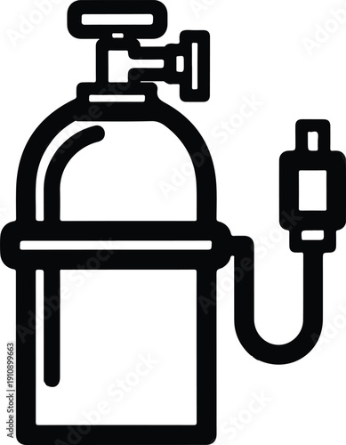 Oxygen cylinder icon with attached tube, representing medical gas supply or industrial use, simple line art illustration