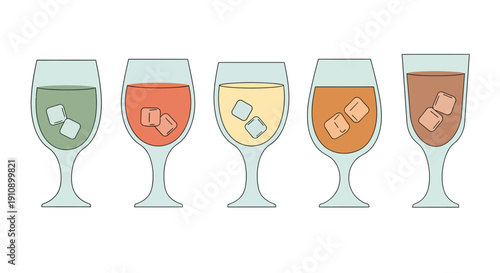 Minimalist line art vector of assorted colorful iced drinks and traditional beverages in glasses for Iftar menu