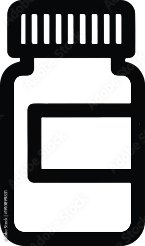 A minimalist black and white icon representing a pill bottle with a cap and a blank label area, perfect for healthcare and pharmaceutical concepts