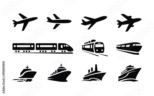 Various transportation modes icons including airplanes trains and boats in black silhouette on white background for travel and transport concepts