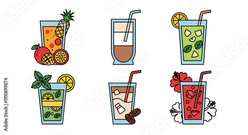 Set of colorful tropical fruit juices and traditional ramadan refreshing beverages icons on white background