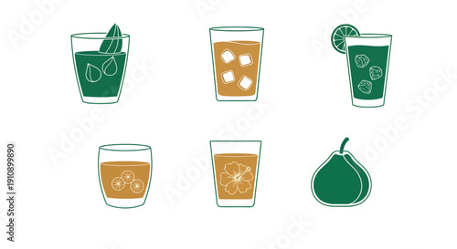 Ramadan Traditional Drinks Vector Icons Set, Middle Eastern Beverages Illustration, Iftar Drinks Collection