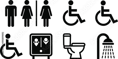 Accessibility and Facilities Symbols: A concise guide featuring universally recognized icons for restrooms, accessible access, and essential amenities, offering clear guidance for all.