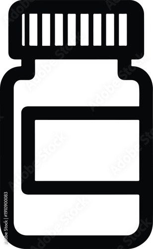 A simple black and white illustration of a medicine bottle with a cap and a label area