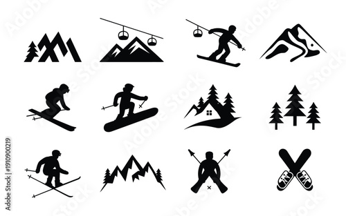 Skiing and snowboarding icons set with mountains trees and ski lifts in black silhouette on white background