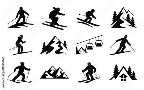 Skiing icons set with silhouettes of skiers mountains trees and cable cars on white background for winter sports and travel themes
