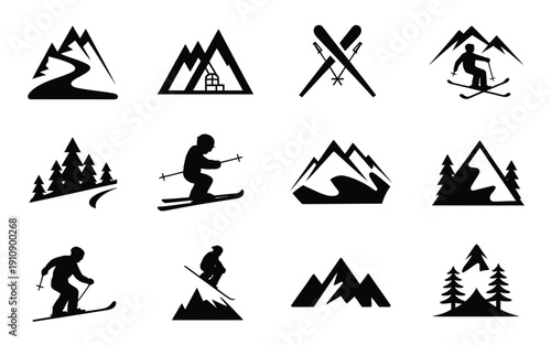 Skiing and snowboarding icons set with mountains and trees in black silhouette on white background for winter sports and outdoor activities