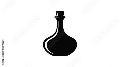 Black silhouette of potion bottle with rounded base, narrow neck, and stopper, minimalist icon symbolizing container, magic, and decorative design