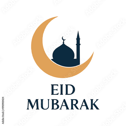 Golden crescent moon encircling mosque dome and minaret silhouette, with bold 