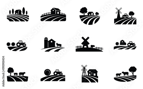 Farm landscape icons set with barns windmills fields and rural scenery in black silhouette on white background for agriculture and countryside concepts