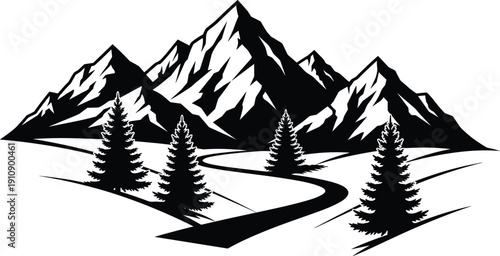 Beautiful mountain landscape illustration featuring majestic peaks, winding road, and pine trees in flat black style for outdoor adventure, travel, and nature conservation.