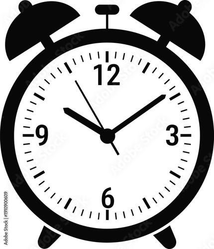 Classic analog alarm clock icon black and white vector illustration isolated time management reminder symbol design