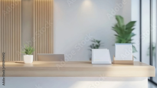 Real estate office reception counter mockup front interior registration copy space desk design indoor decoration front view decoration three-dimensional
