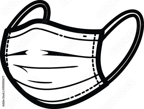 Simple line art illustration of a medical face mask with ear loops, representing health and protection