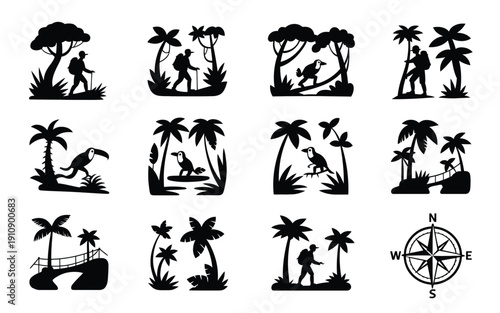 Tropical island silhouettes with palm trees people and compass on white background vacation and travel concept