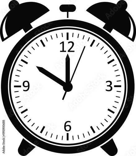 Black and white classic alarm clock vector illustration isolated analog timepiece icon for deadline reminder concept