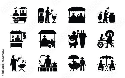 Black silhouettes of people enjoying food and drinks at outdoor events and markets with vendors