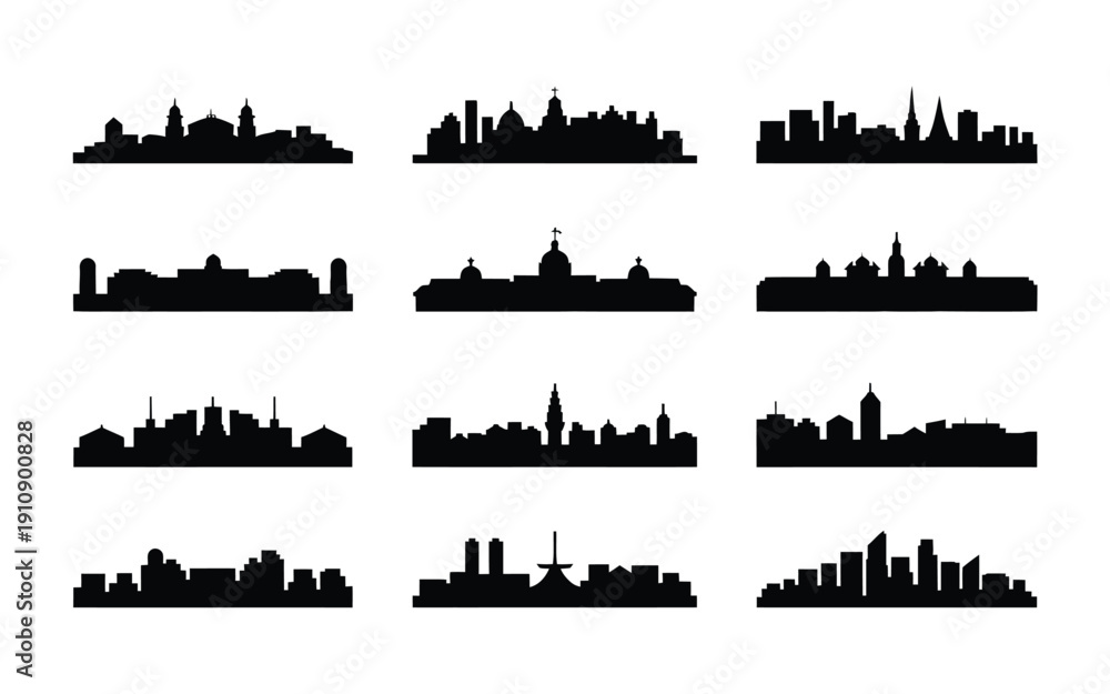 Fototapeta premium City skylines in black silhouette on white background urban landscape cityscape skyline set vector graphics