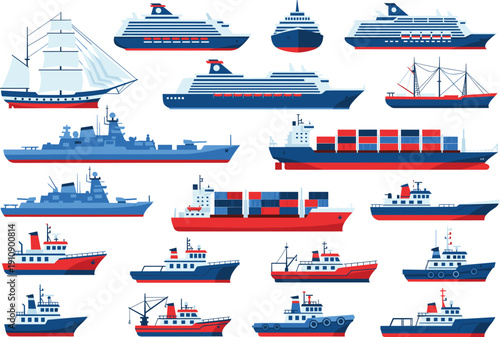 Large Maritime Vessel Collection with Cargo Ships, Luxury Cruise Liners, Sailboats, Tugboats, and Naval Warships for Global Logistics, International Trade, and Nautical Transportation Designs