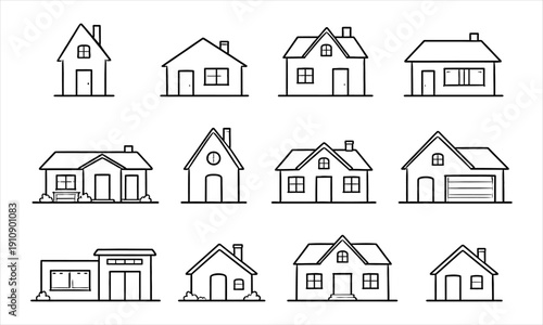 Collection of diverse residential building line art icons for real estate and housing concepts