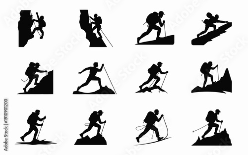 Collection of black silhouettes of people skiing and snowboarding on various terrains with poles and skis
