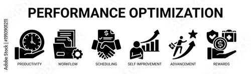 Performance Optimization web banner icon vector illustration concept with icons of productivity, workflow, scheduling, self improvement, advancement, and rewards.