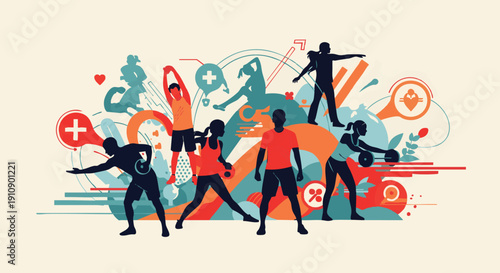 Dynamic illustration of people exercising in various yoga and dance poses surrounded by abstract health symbols and shapes from a front viewpoint