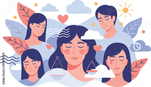 Group of people meditating together in a serene environment surrounded by nature and peaceful elements