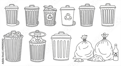 Line art collection of waste bins, recycling containers, and trash bags for eco concepts