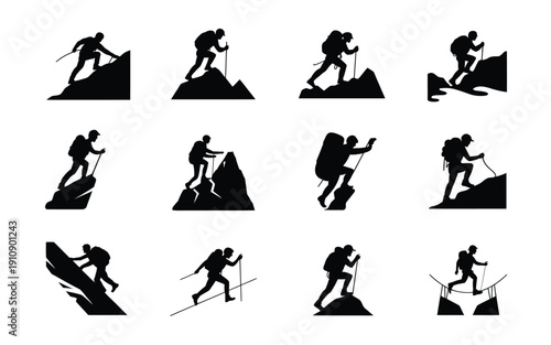 Collection of black silhouette skiers in various poses on snowy slopes with mountains