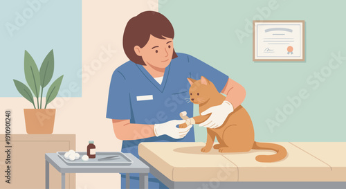  Veterinarian Treating Cat

Flat vector illustration of a veterinarian gently treating a cat. Vet wearing gloves, medical tray nearby. Flat vector style, calm and caring atmosphere.