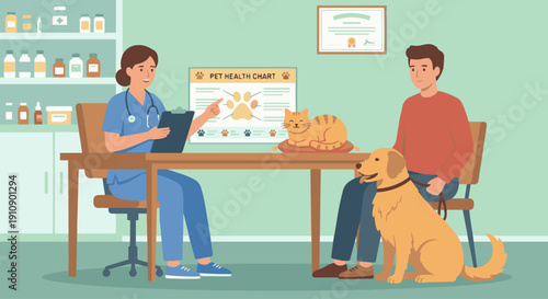 Veterinarian Consulting Pet Owner
Flat vector illustration of a veterinarian consulting with a pet owner at a desk. Clipboard, pet health chart, and animal visible. Flat vector style, educational 