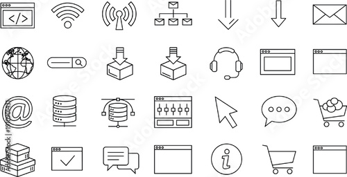 Minimal line icon set for digital technology, internet, cloud computing, networking, e-commerce, communication and user interface design