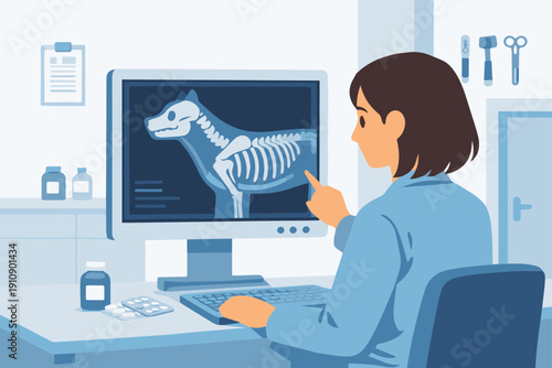 Veterinarian Checking Pet X-Ray Flat vector illustration of a veterinarian reviewing an animal X-ray on a screen. Clinic interior background. Flat vector style, modern medical environment.