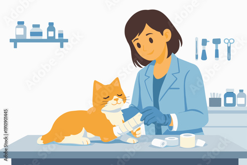 Veterinarian Caring for Injured Animal Flat vector illustration of a veterinarian bandaging an injured pet. Soft and compassionate expressions. Flat vector style, supportive animal care theme.