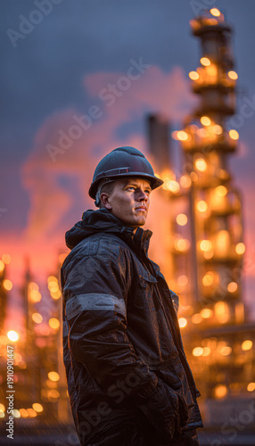 A worker in protective gear stands against the backdrop of an industrial refinery at sunset with glowing lights and smoke rising.