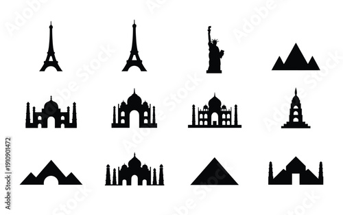 Collection of iconic landmarks and monuments in black silhouette on white background for design and travel concepts