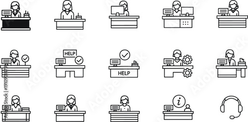 Customer Service and Help Desk Icon Set - Reception, Support Agent, and Office Desk Symbols