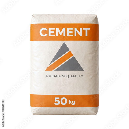 Building material cement bag  isolated on a clean white background.  Minimalist industrial packaging composition ideal for construction branding, manufacturing visuals and product presentations.