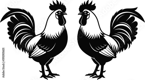 Black and White Rooster Silhouette Vector Illustration Isolated on White Background for Farm Animal Poultry Livestock Agriculture Breeding Cockfighting Sport and Organic Food Branding.