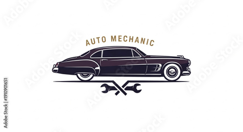 Vintage Auto Mechanic Emblem with Classic Car and Tools.