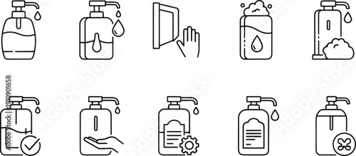 Hand Sanitizer and Hygiene Care Icon Set - Liquid Soap, Spray, and Disinfection Symbols