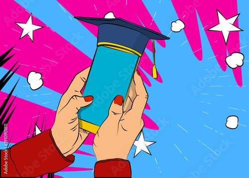 Cartoon Smartphone, comic book Telephone with Graduation Cap. Retro vector comics pop art design.