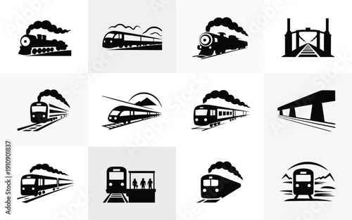Collection of various train icons in black and white transportation symbols railway vehicles locomotives and tracks on a white background