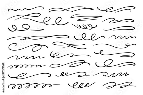 Creative collection of ornamental scroll lines and decorative text elements